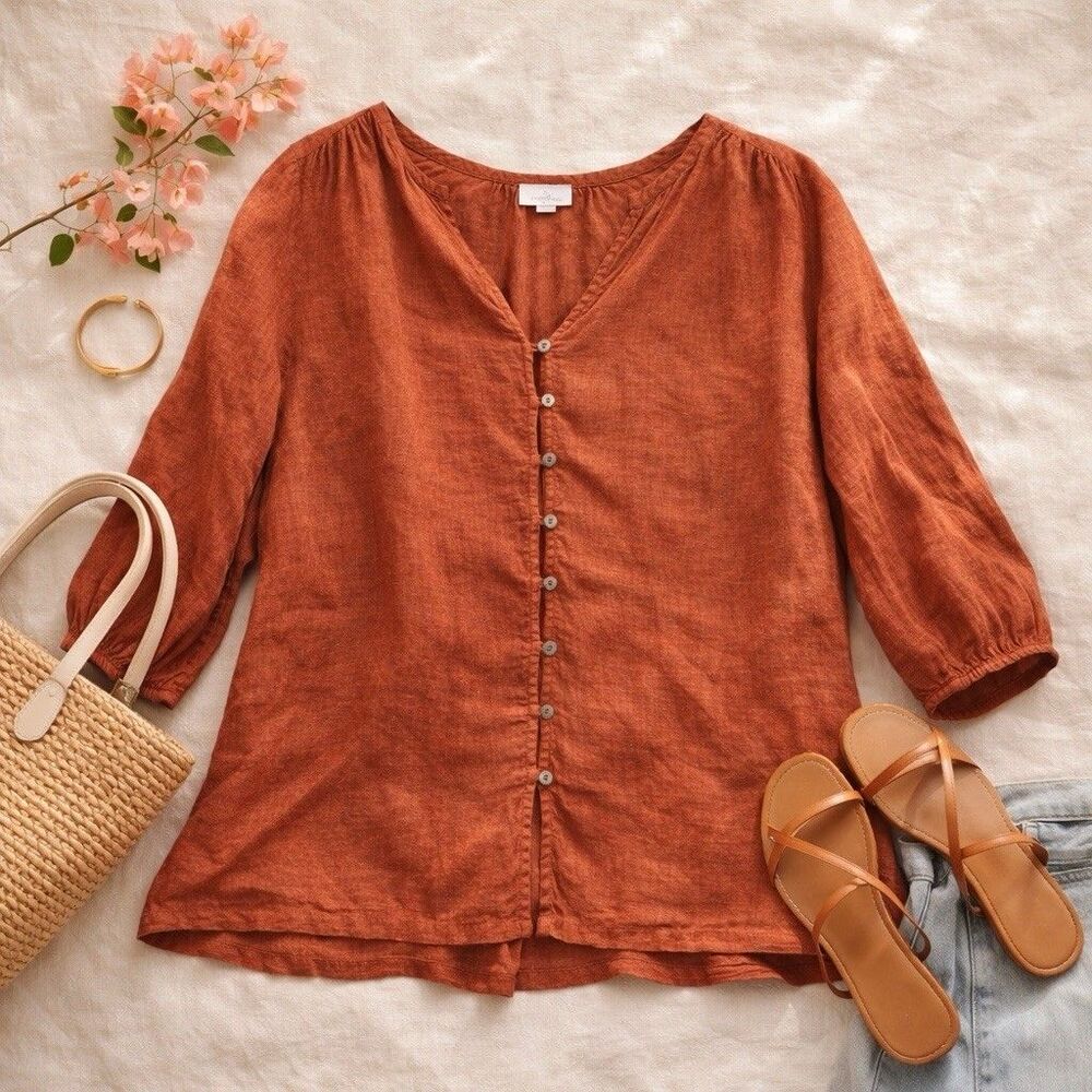 Pure Jill Linen Button Down Top Brown Relaxed Minimalist Coastal Large